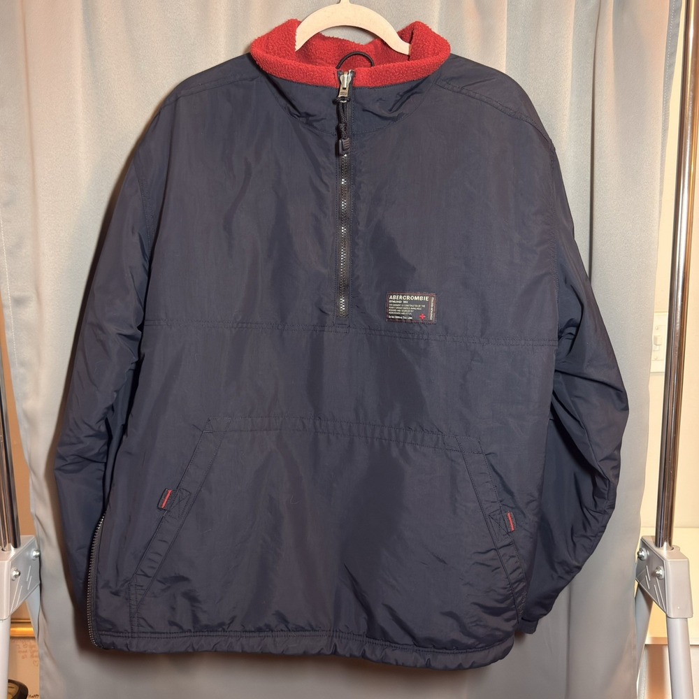 VTG 90s Abercrombie & Fitch Reversible 1/4 Zip Nylon Fleece Jacket Blue Red L